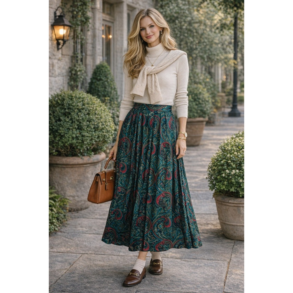 Vtg Elliott Lauren Paisley Maxi Skirt Teal Red Pleated Pockets Sz‎ 4 Cottagecore